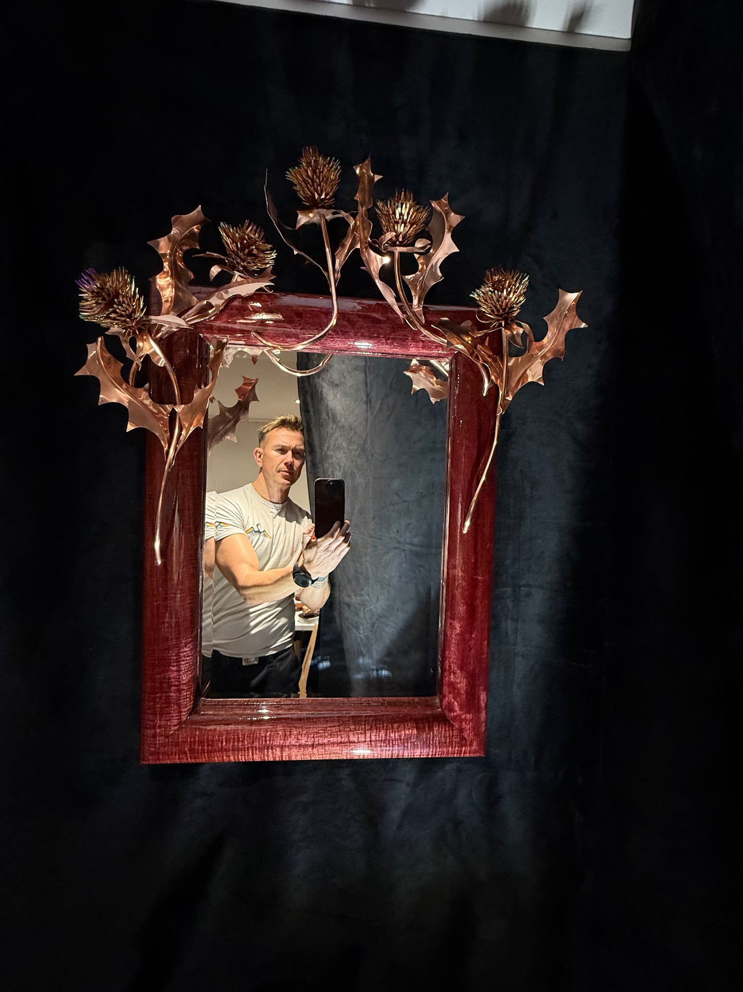 Copper Thistles on Purple Heart wood framed Mirror